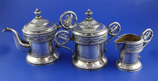 A good early 20th century Russian 84 zolotnik silver three piece tea set by Ivan Khlebnikov, Moscow, gross 30 oz.